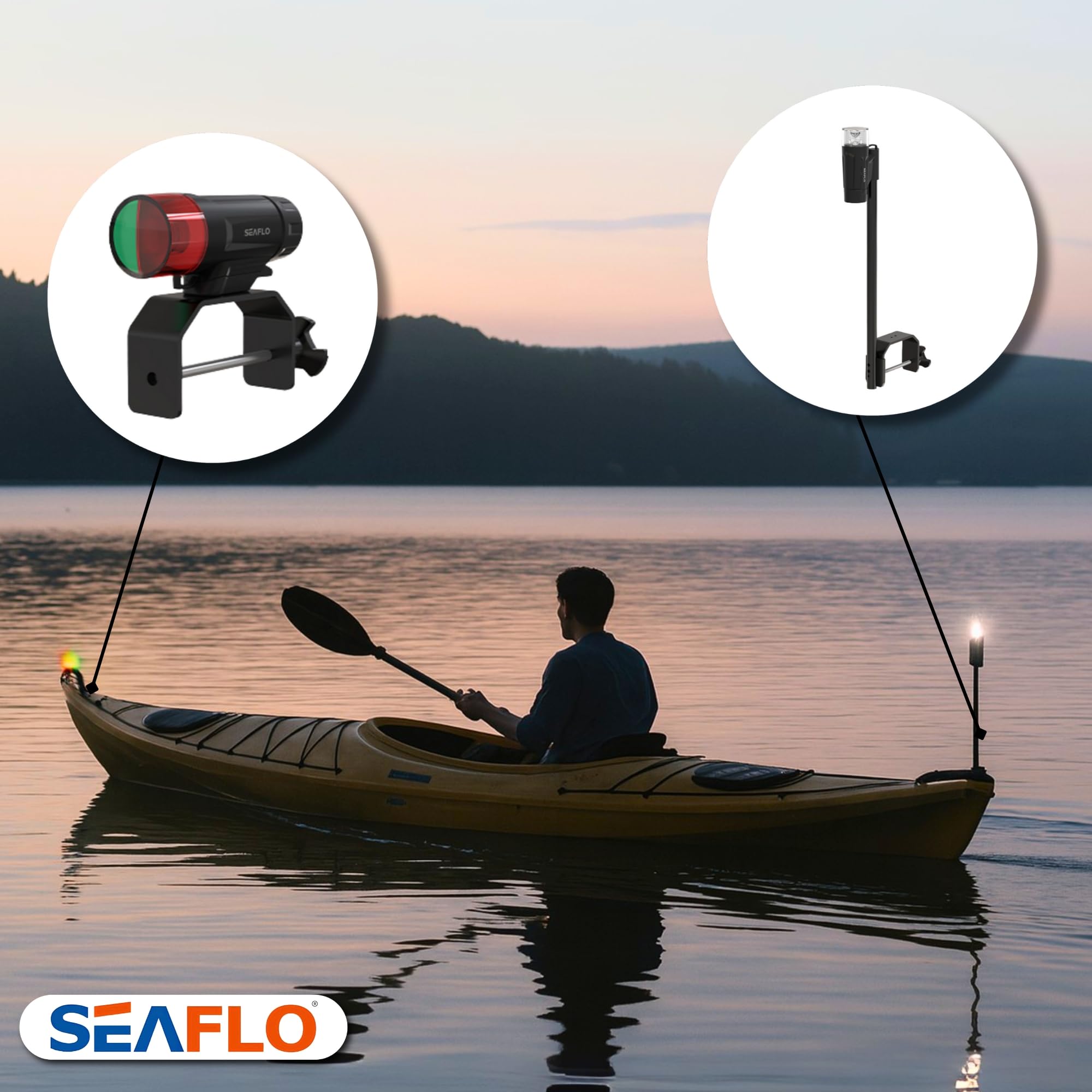 SEAFLO Kit di luci di navigazione portatili a LED serie 01 - Alimentazione a batteria (3 AAA), visibilità 2 NM, telescopico, impermeabile IP65, prua e poppa bicolore per pontone e piccole imbarcazioni