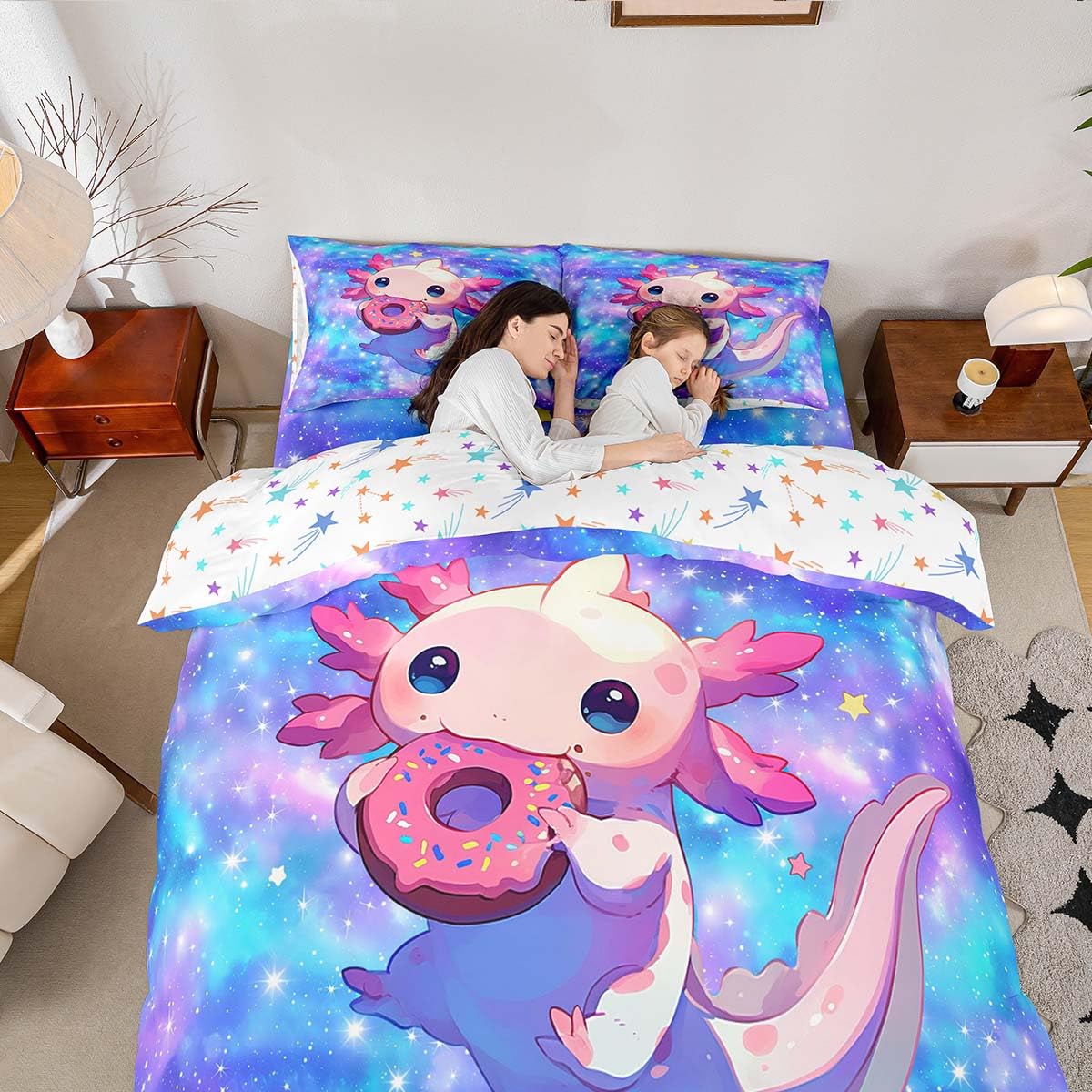 Homemissing Kids Cute Axolotl Bedding Set Cot Size Donuts Cartoon Salamander Comforter Cover Set for Boys Girls Kawaii Ocean Sealife Duvet Cover Bedspread Cover Room Decor Quilt Cover,No Stuffing - Image 4