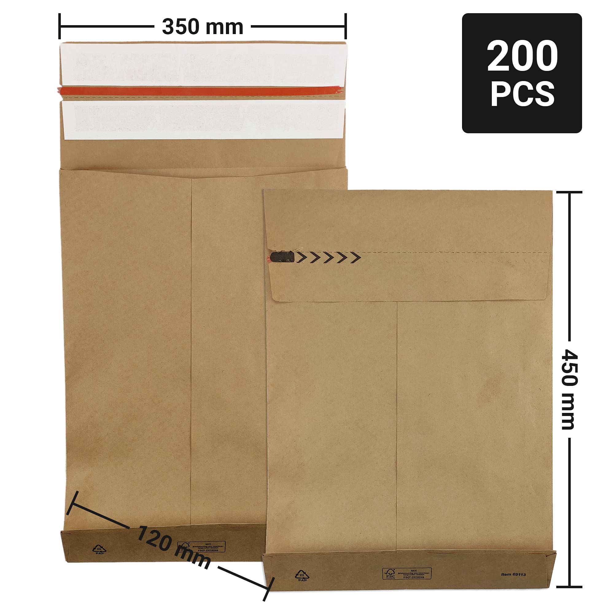Netuno 200 Falttaschen aus Kraftpapier DIN M+ 35 x 45 x 12 cm 126g Kapazität-Versandtaschen haftklebend Falten-Umschläge Briefumschläge mit Bodenfalte Brief-Kuverts große Umschlagtaschen