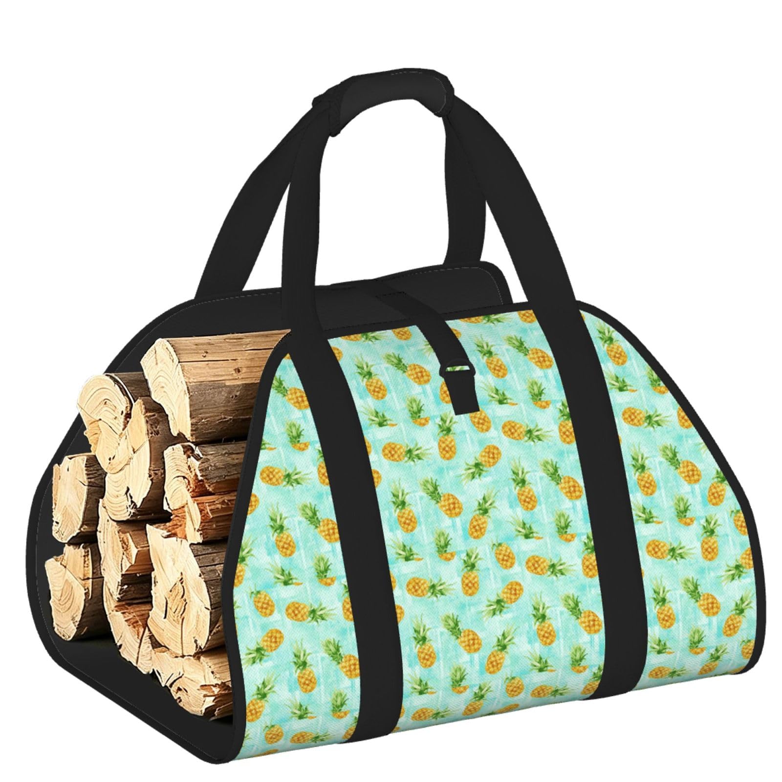 Ayyqwe Black Green Pineapple. Print Firewood Bag Wood Waterproof Versatile Camping Picnic Storage Daily Home