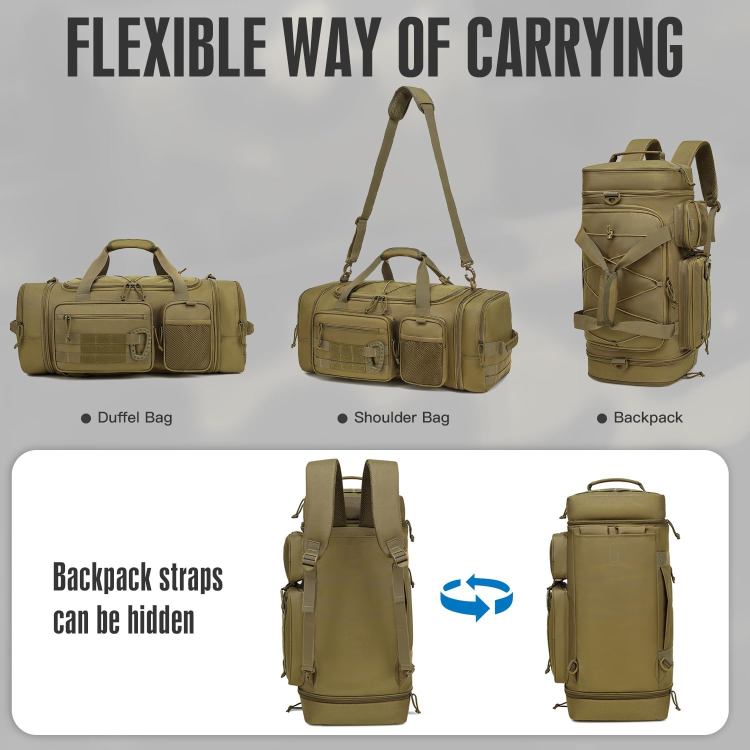 3 in 1 Tactical Gym Bag Backpack for Men 40-45L Expandable Travel Duffle Bag for Women Military Sport Duffel Bags Weekend Overnight with Shoe Compartment & Wet Pocket for Fitness, Brown - Image 3