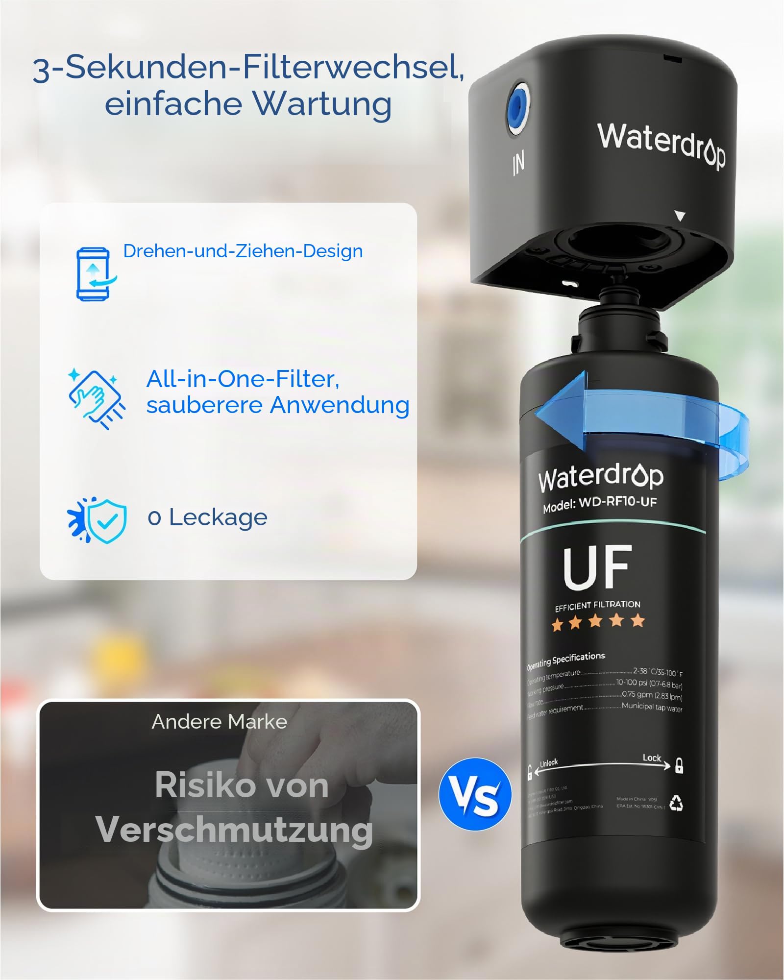 Waterdrop RF10-UF Ersatz-Filterschutzkappe 0,01 Mikron für Untertischwasserfilter 10UA/10UA-UF/10UB/10UB-UF, reduziert Blei, Chlor, schlechten Geschmack und Gerüche