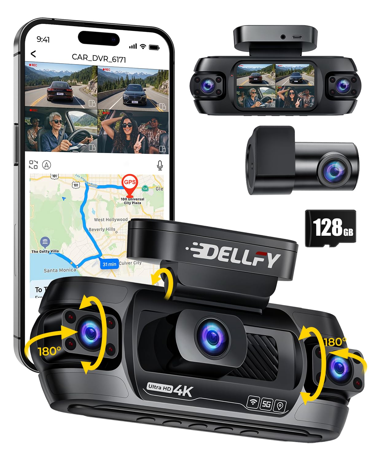 360° Dash Cam 4 Channel, 4K Front Rear and Inside Dash Camera | 5G Hz WiFi, GPS, 128GB SD Card Included, APP Control, 24/7 Parking Mode, 8 IR Night Vision Lights, G-Sensor-image-6