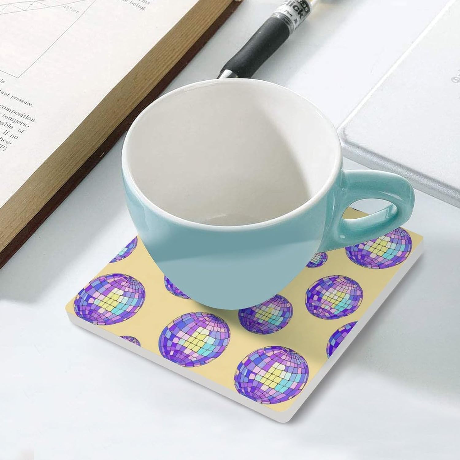 Disco Ball Print Coaster for Drinks Square Ceramic Table Coasters Stone Mat Crafts 6PCS Home Kitchen Decor