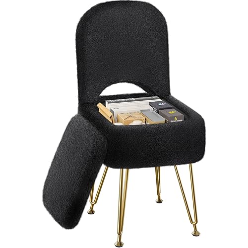 GREENSTELL Small Vanity Stool Chair with Storage and Folding Back, 13.4" x 15" x 30" Square Faux Fur Soft Ottoman, 4 Metal Legs with Anti-Slip Feet, Furry Padded Seat for Makeup, Bedroom, Black