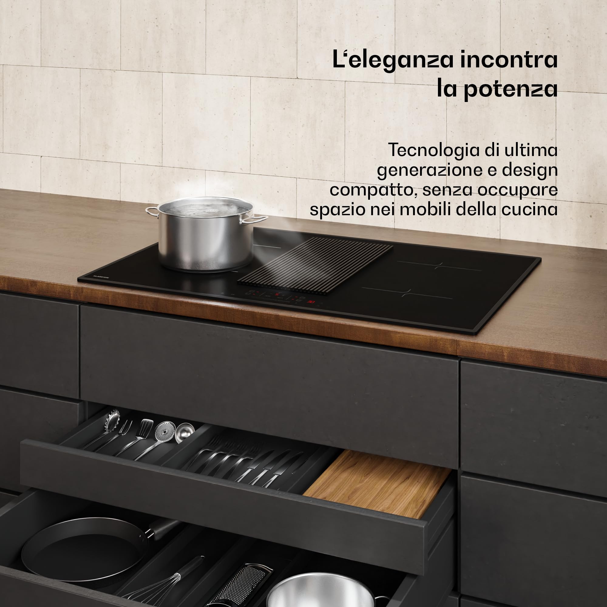 Klarstein Velaire Piano Induzione con Cappa Integrata - 4 Zone, 8400W Boost, Touch Slider, Timer, Blocco Bambini, Rilevamento Pentole, Vetro Nero, 80cm, Piano Cottura Cappa Integrata