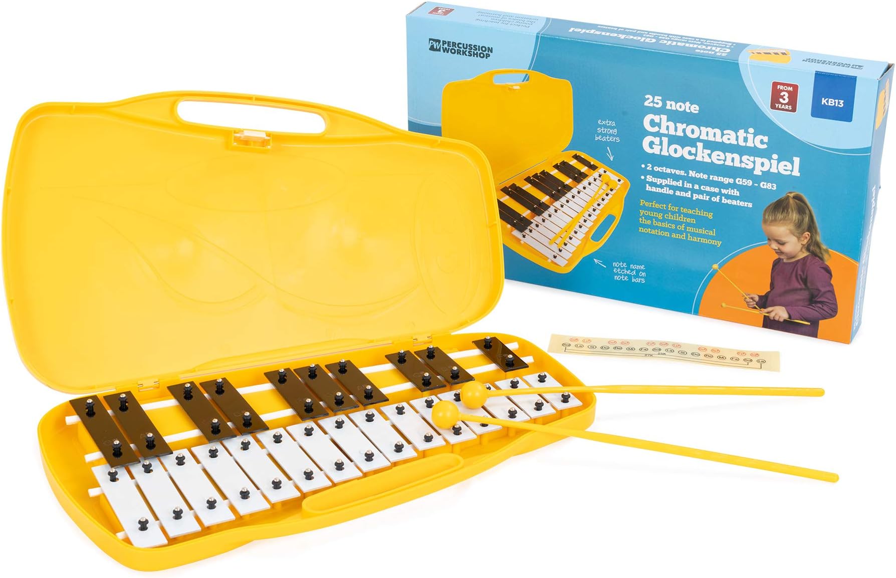 KB13 25 Note Chromatic Glockenspiel with Case & Beaters,Yellow