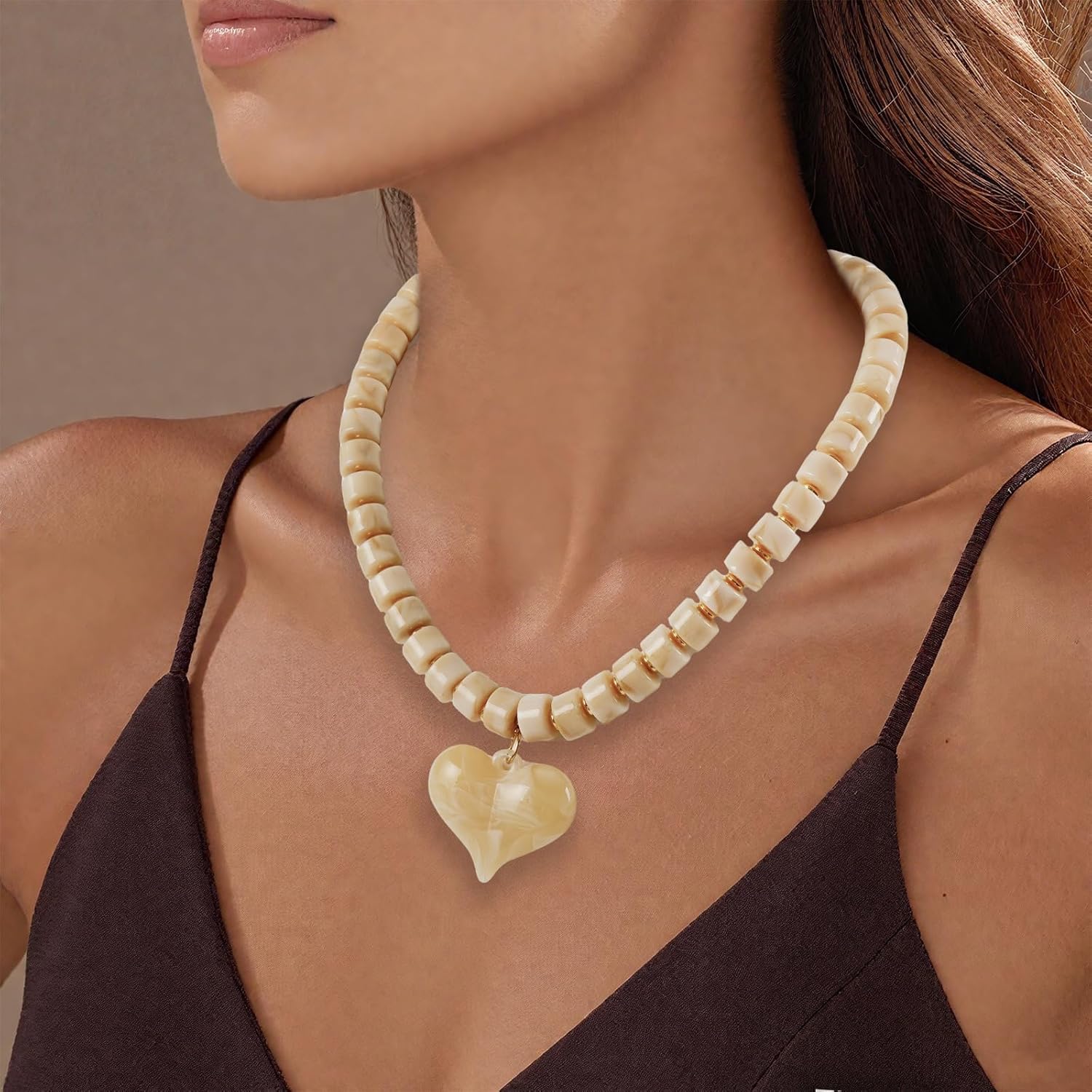 Brown Acrylic Puff Heart Pendant Necklace for Women Exaggerated Statement Chunky Resin Beaded Strand Necklace Fashion Jewelry Gift - Image 3