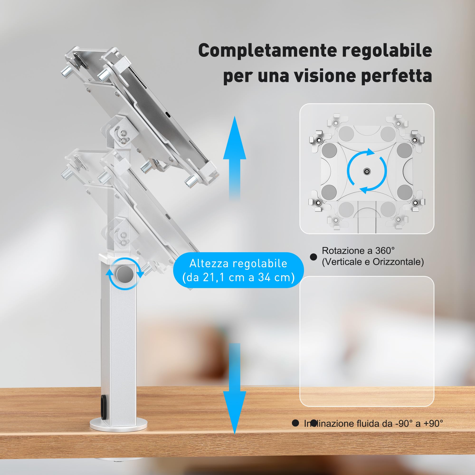 AboveTEK Supporto da scrivania per iPad, supporto per tablet antifurto regolabile con rotazione a 360° e inclinazione a 180°, adatto a tablet da 9,7" a 13", perfetto per il lavoro-Argento
