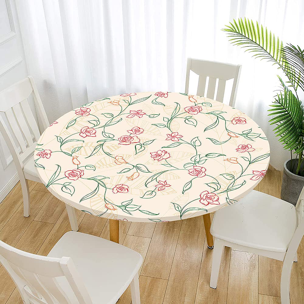 FANSU Nappe De Table Ronde En Polyester Imperméable, Motif Fleur 3D Protège Anti-Taches Table Elastiqué Pour La Maison Patio Deck Table Cuisine Salle