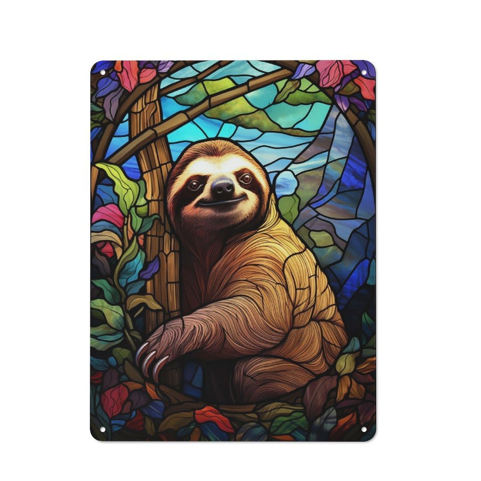 Junmoney Sloth Stained Glass Window Decorative Metal Plaque With Design 40X30cm, Casual Utility Space Decor For Patio Bar, Workshop, Shed Or Kitchen