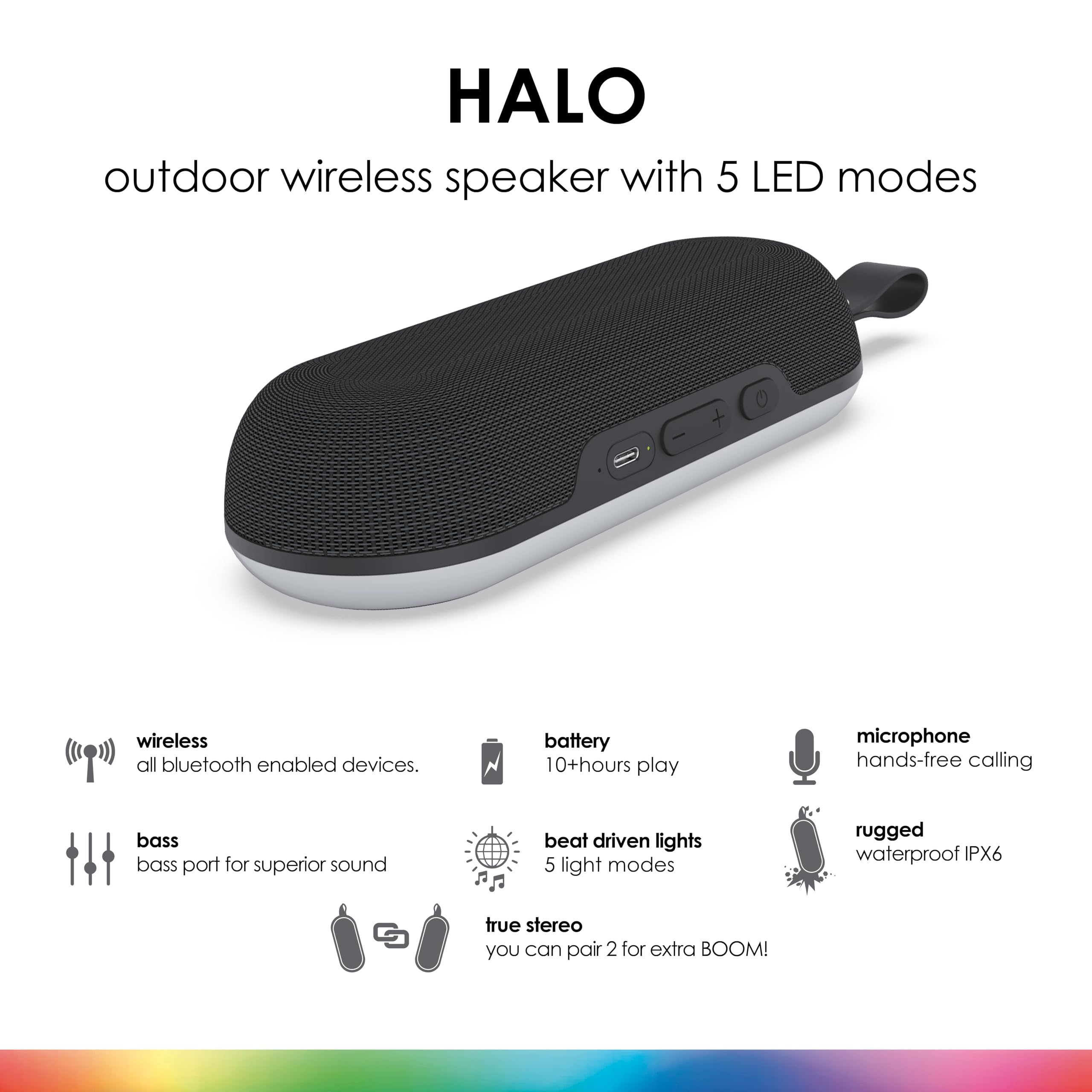 Boompods Halo Speaker Bluetooth Portatile - Cassa Bluetooth Impermeabile IPX6 con Luci LED, 12W di Potenza e 5 Ore di Autonomia, Altoparlanti Wireless per Feste, Doccia e Viaggi