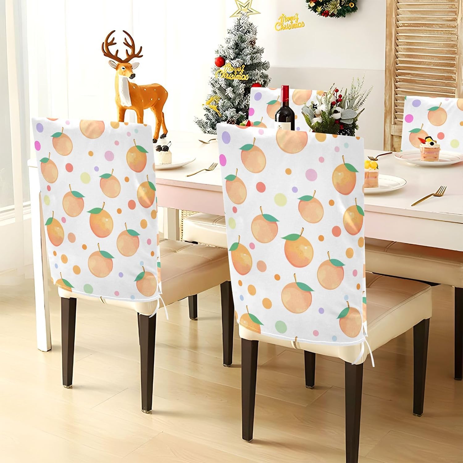 ALAZA Peaches and Colorful Polka Dots Chair Back Cover Set of 6, Washable Reusable Removable Chair Slipcovers Decorative Chair Cover for Home Kitchen Wedding Party