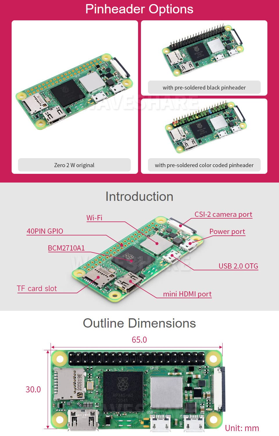 Waveshare Retrofited Raspberry Pi Zero 2 WH, 5 Times Faster 1GHz Quad-Core Arm Cortex-A53 CPU with WiFi Bluetooth 4.2 BLE with Pre-Solder Black Pinheader