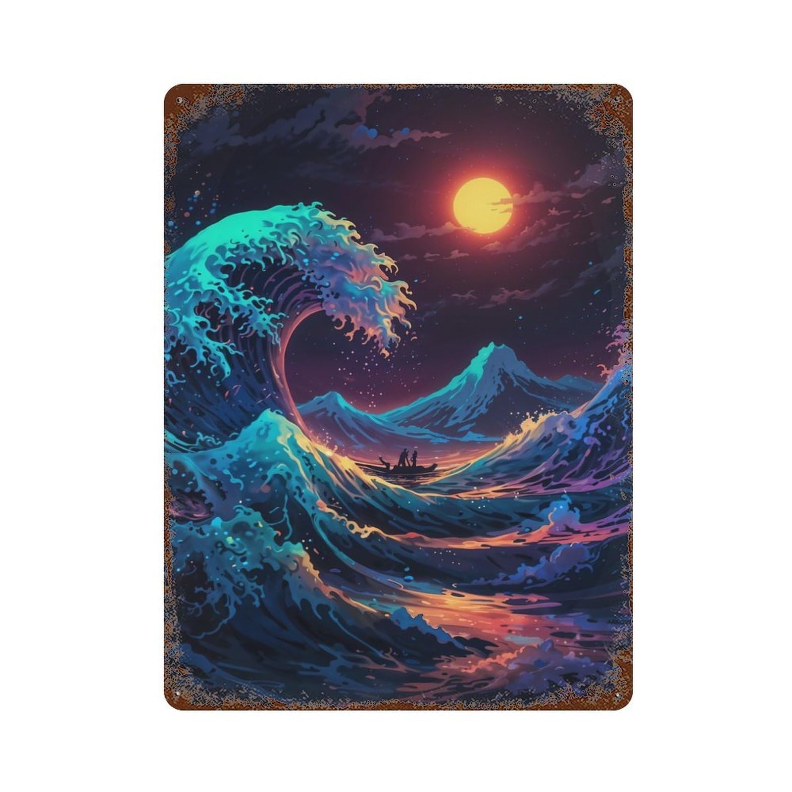 Big Wave Moonlit Voyage Weathered Tin Sign 15.7"x11.8", Rustic Home Decor for Office, Studio And Wall Decor