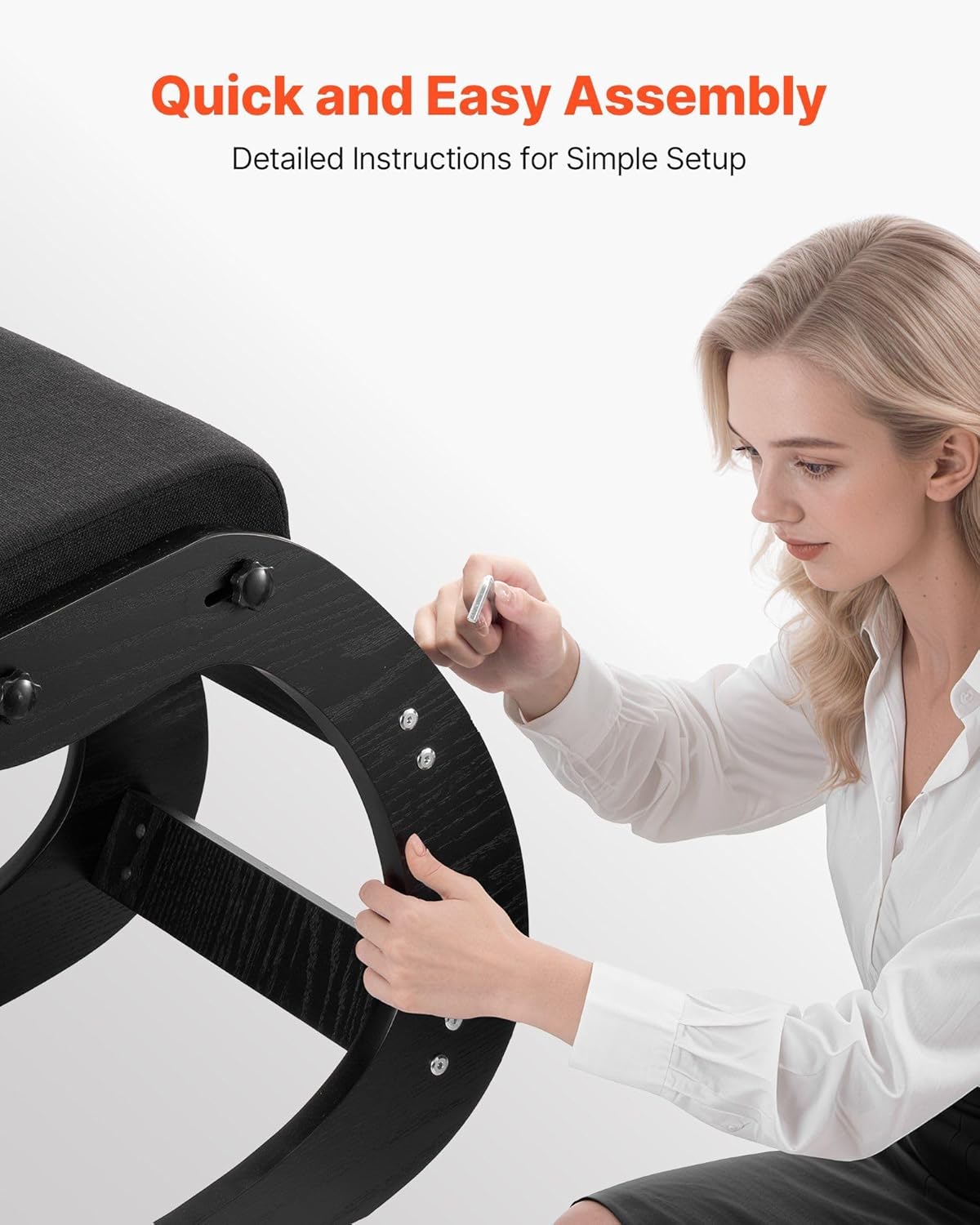 Adjustable Ergonomic Kneeling Chair: Solid Wood Frame, Thick Seat/Knee Cushions, Rocker Base, 265lb Capacity, Black for Active Sitting