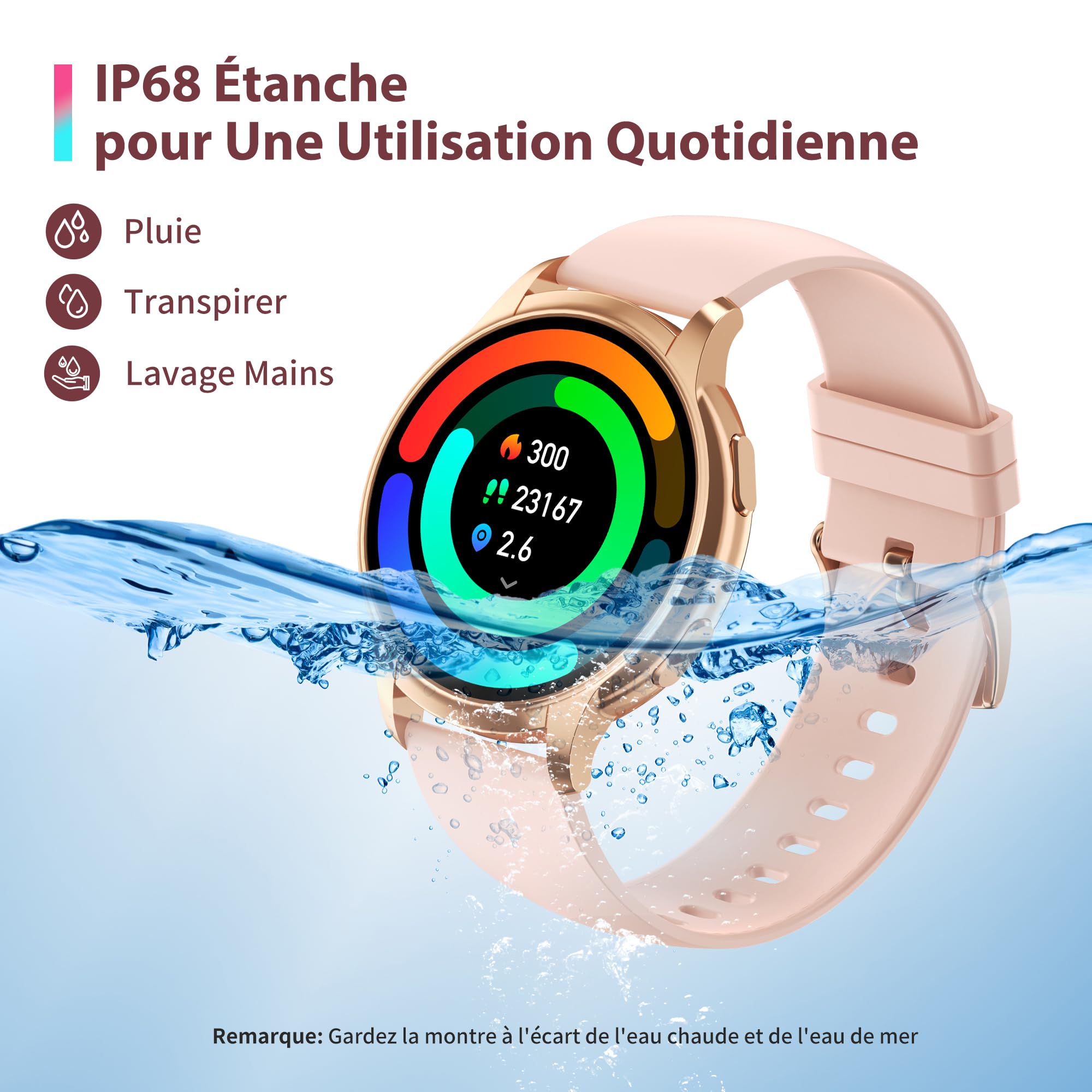Montre Connectée Femme avec Appels/Notification, 1,52" HD IP68 Smartwatch, 110+ Modes Sportifs, Fréquence Cardiaque/SpO2/Sommeil Moniteur, Suivi Calories/Pas pour Android iOS Or Rose