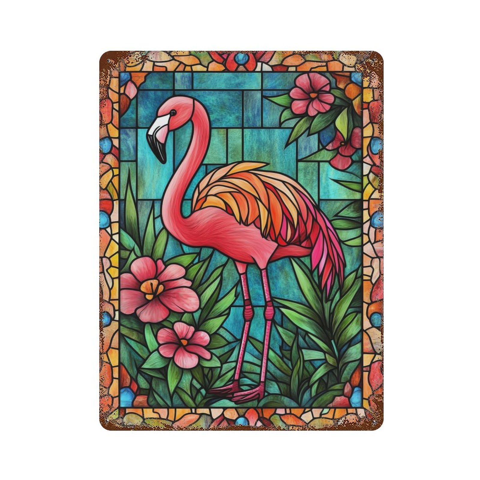 Stained Glass Flamingo 15.7"x11.8" Rusty Metal Tin Sign, Novelty Wall Decor for Cafe, Home Bar And Lounge Decor