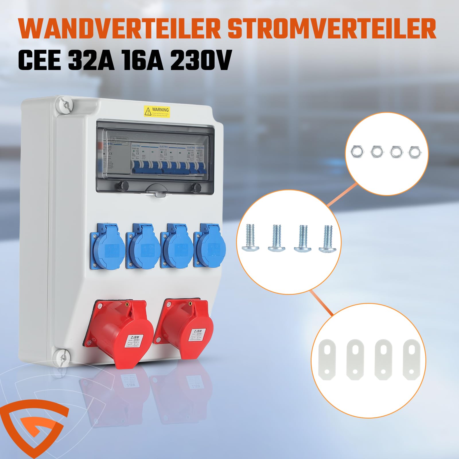 Wandverteiler Stromverteiler Vorverkabelt, 4x 230V + 1x CEE 16A + 1x CEE 32A mit LS und 40A FI, IP67 Wasserdicht Baustromverteiler für Innen Außenbereich auf Baustellen