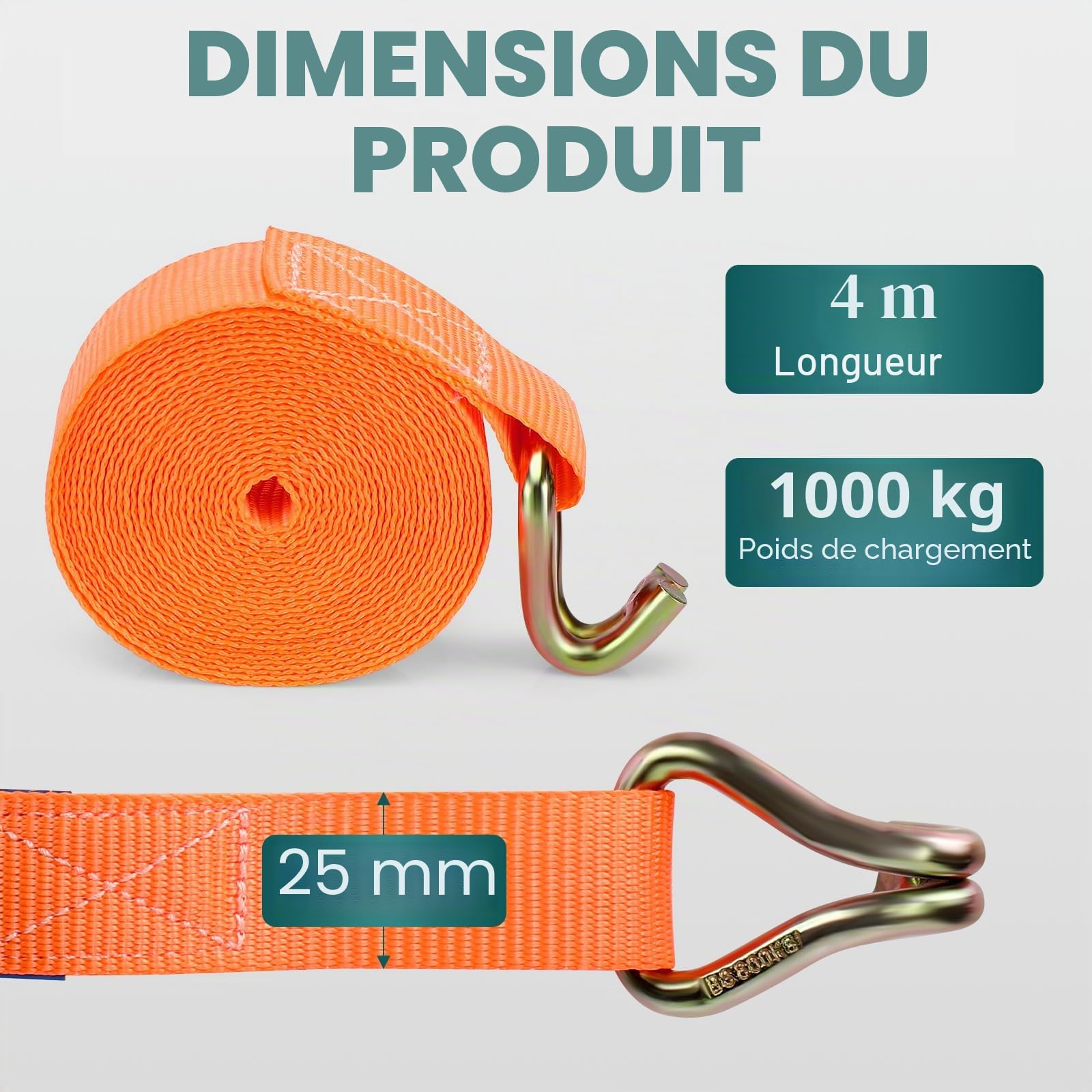 Pavlleen Lot de 4 Sangles d'arrimage à cliquet - 4 x 1 000 kg - 2,5 cm x 4 m - avec cliquet et Crochet - Charge maximale : 1 000 kg - Robustes