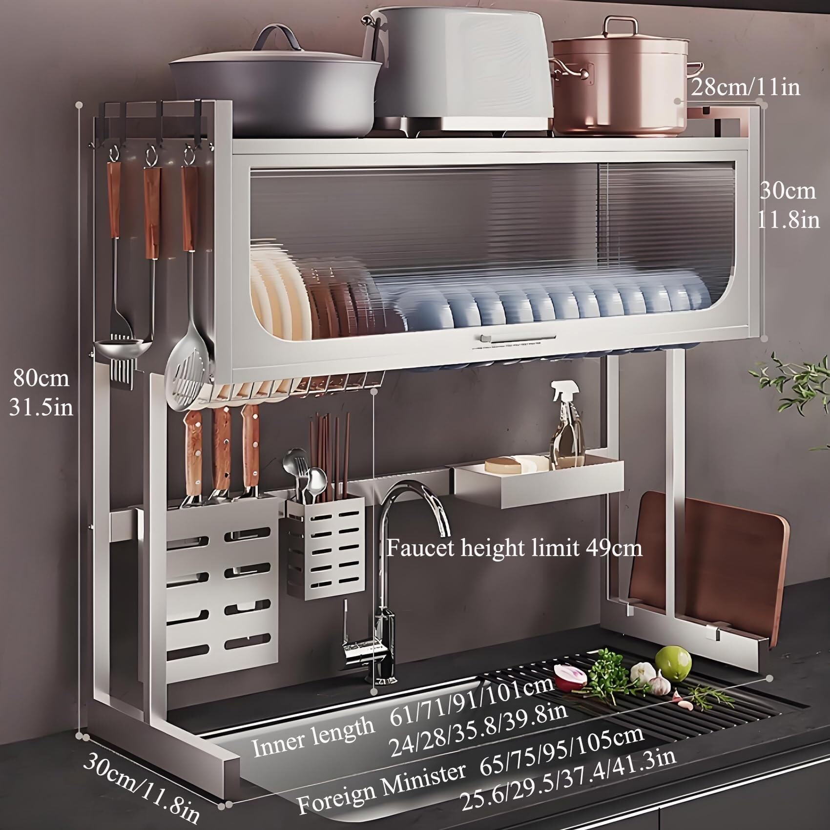 Scolapiatti in Acciaio Inox per lavello, salvaspazio, con Coperchio, Ampio vano portaoggetti per la Cucina (75 x 30 x 80 cm)