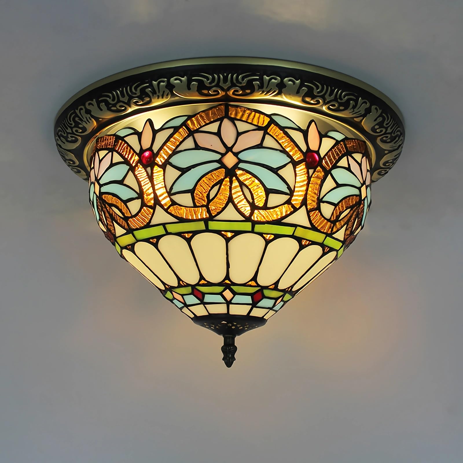 WDBZTJ Tiffany Style Ceiling Light Flush Mount, 15 inch Stained Glass Ceiling Lamp, E27 Bulb, Vintage LED Chandeliers for Living Room Bedroom(B4)