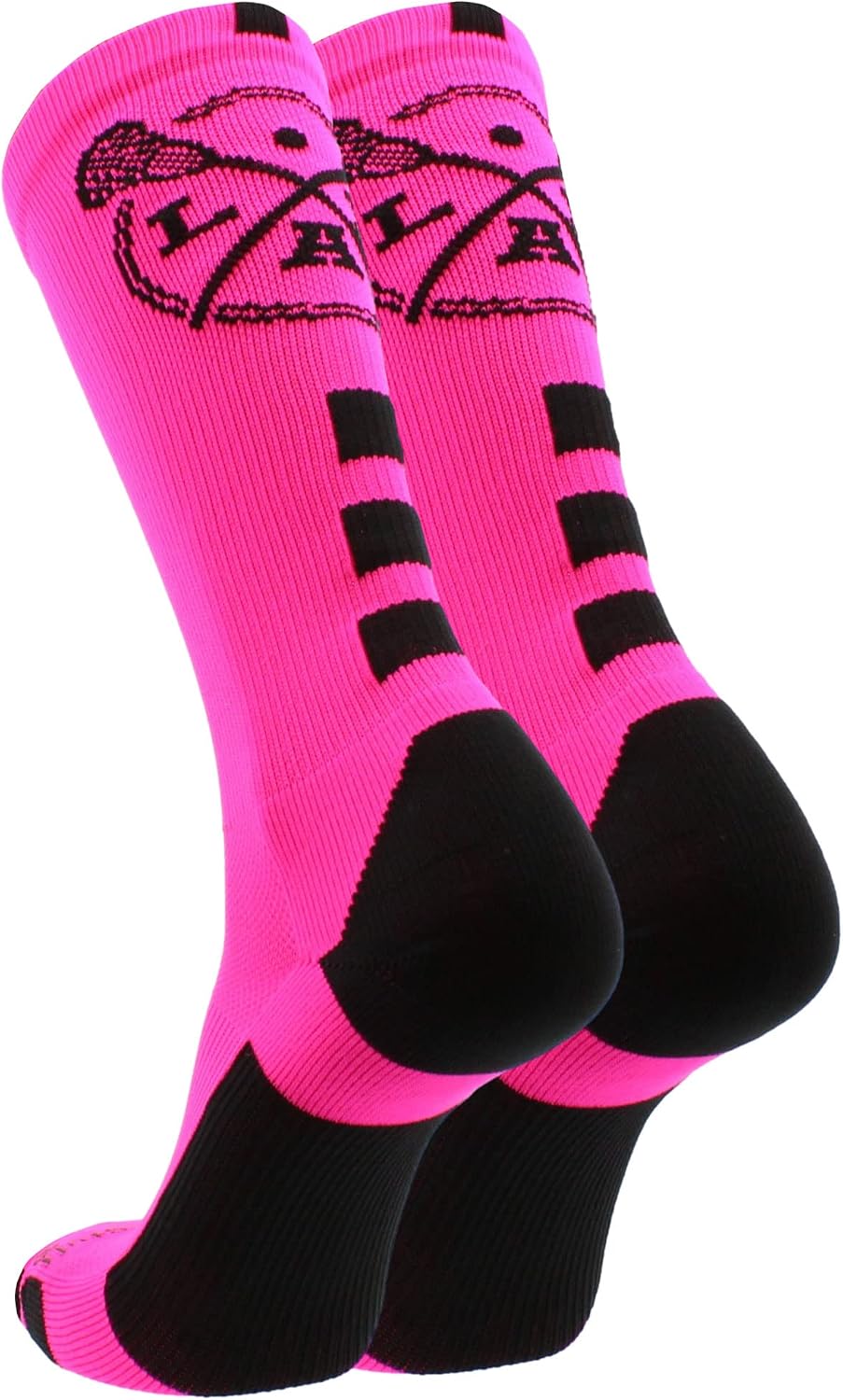 MadSportsStuff LAX Lacrosse Socks with Lacrosse Sticks Athletic Crew Socks (Neon Pink/Black, Medium)
