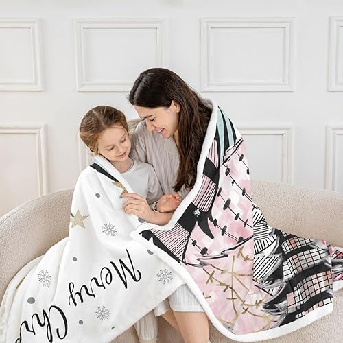 Miniatura 2 de Merry Christmas Flannel Blanket,Abstract Geometric Christmas Tree Bedroom Living Room Soft Cozy Fleece,Golden Stars Snowflakes Blankets Decor for