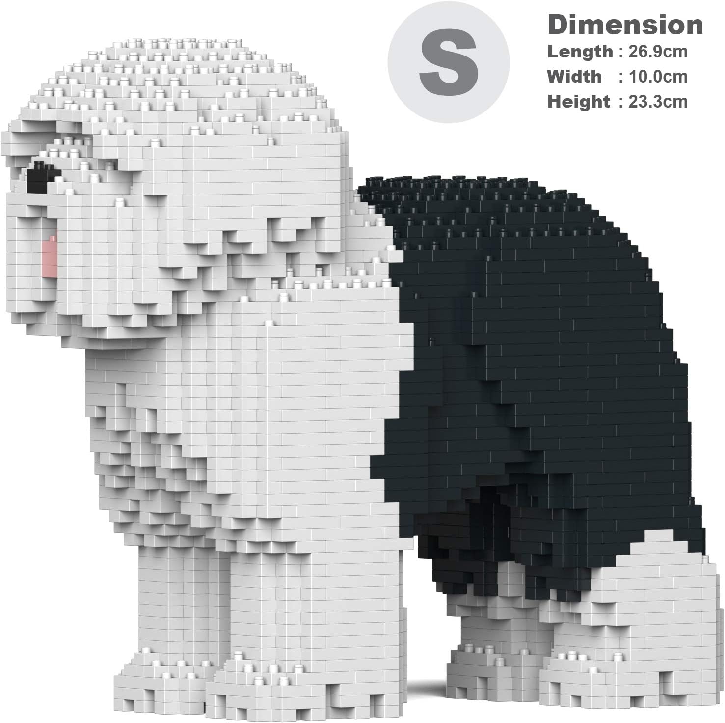 Front view of the completed JEKCA Old English Sheepdog 01S-M01 building block sculpture, showing its detailed brick construction.
