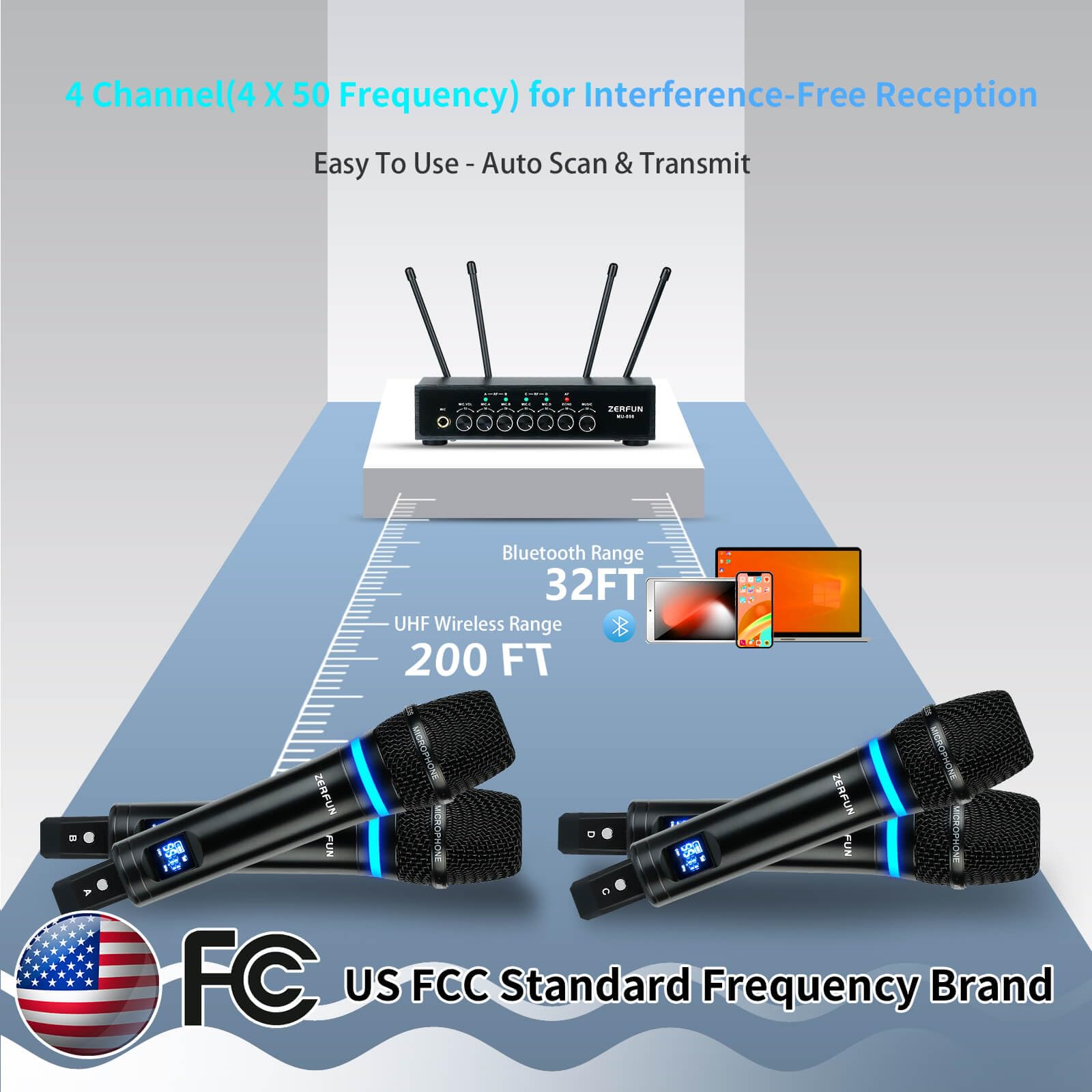 MELKESDE ZERFUN 4-Kanal UHF Wireless Mikrofon System Wiederaufladbar, Metall Handheld Wireless Mikrofone Kabellose Mikrofone Professional mit Echo Bluetooth Lautstärkeregler für Karaoke Singen Kirche