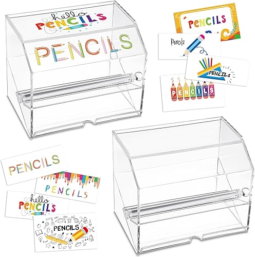 Ireer Juego de 2 dispensadores de lápices para el aula, dispensador de pajitas para lápices, perilla de acrílico rodante, caja de almacenamiento de