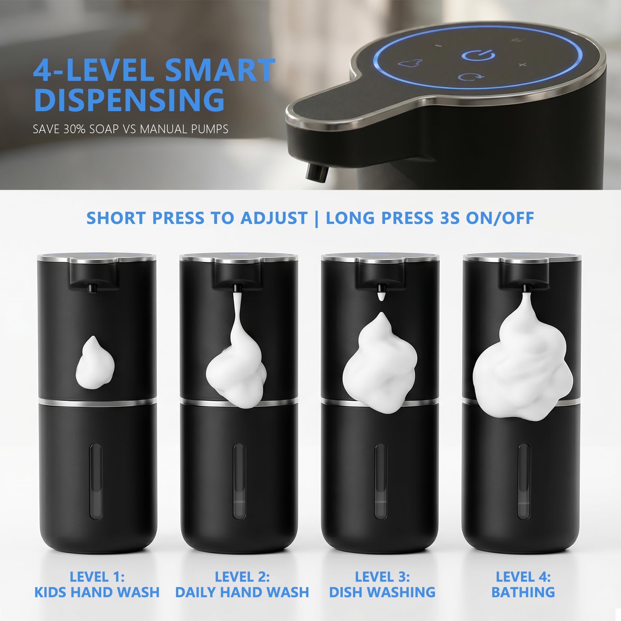 Paquete de 2 dispensadores automáticos de jabón de espuma, dispensador de jabón de manos inteligente recargable por USB con 4 niveles ajustables, 380 ml, montado en la pared o encimera, IPX5