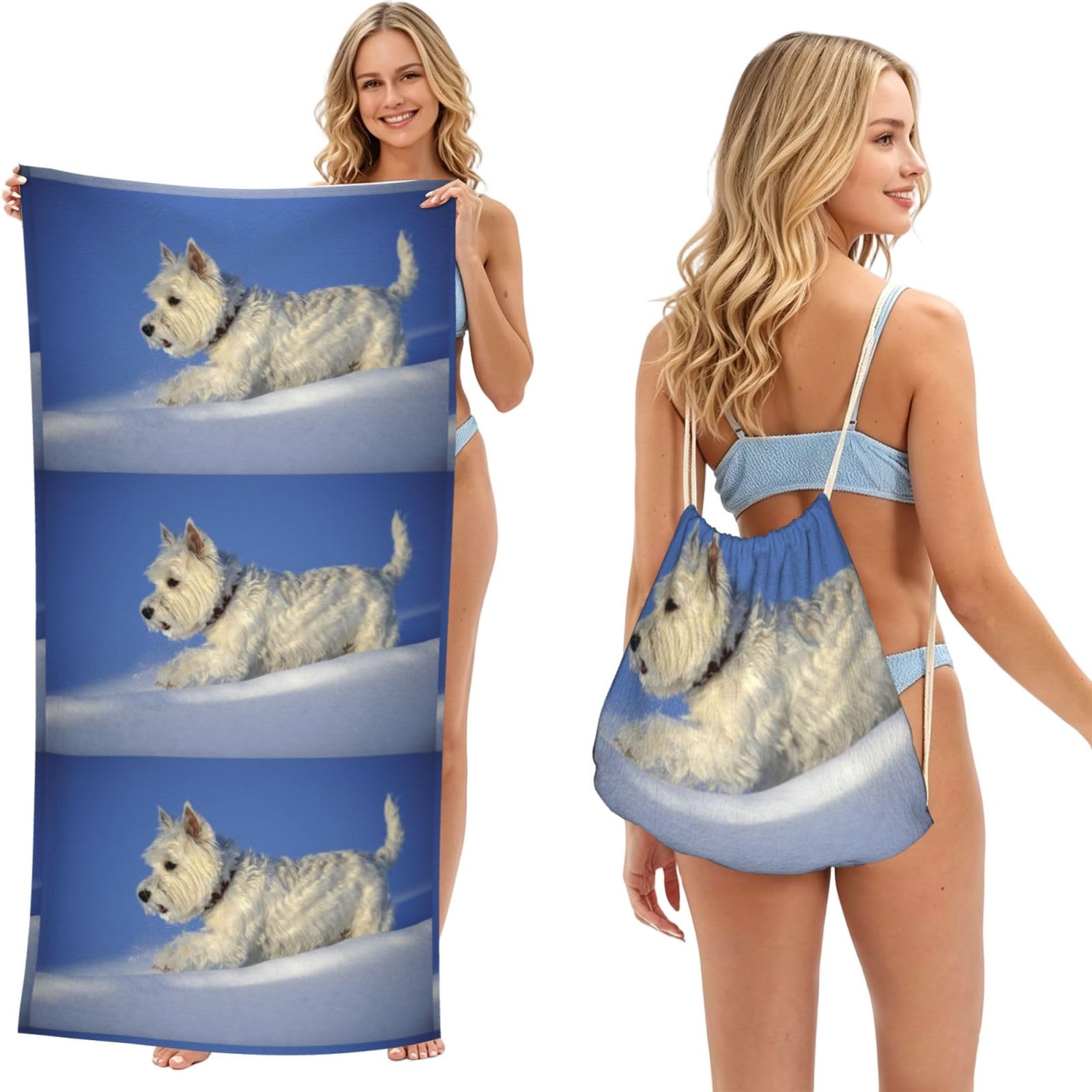 Poadnly As Picture Westie Winter West Highland White Terrier Dogs, 2 In 1 Packable Towel Bag, Beach Towels With Drawstring Backpack For Travel Holiday Camping