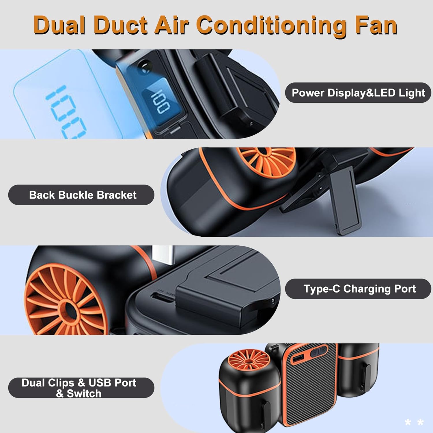 Portable Waist Fan Clip on 1000mAh Wearable Belt Personal Fan Rechargeable Hands-Free Cooling Neck Fans with Dual Outlet, 3 Speeds 12500RPM Strong Airflow, Max 24H Working Time for Outdoor Camping