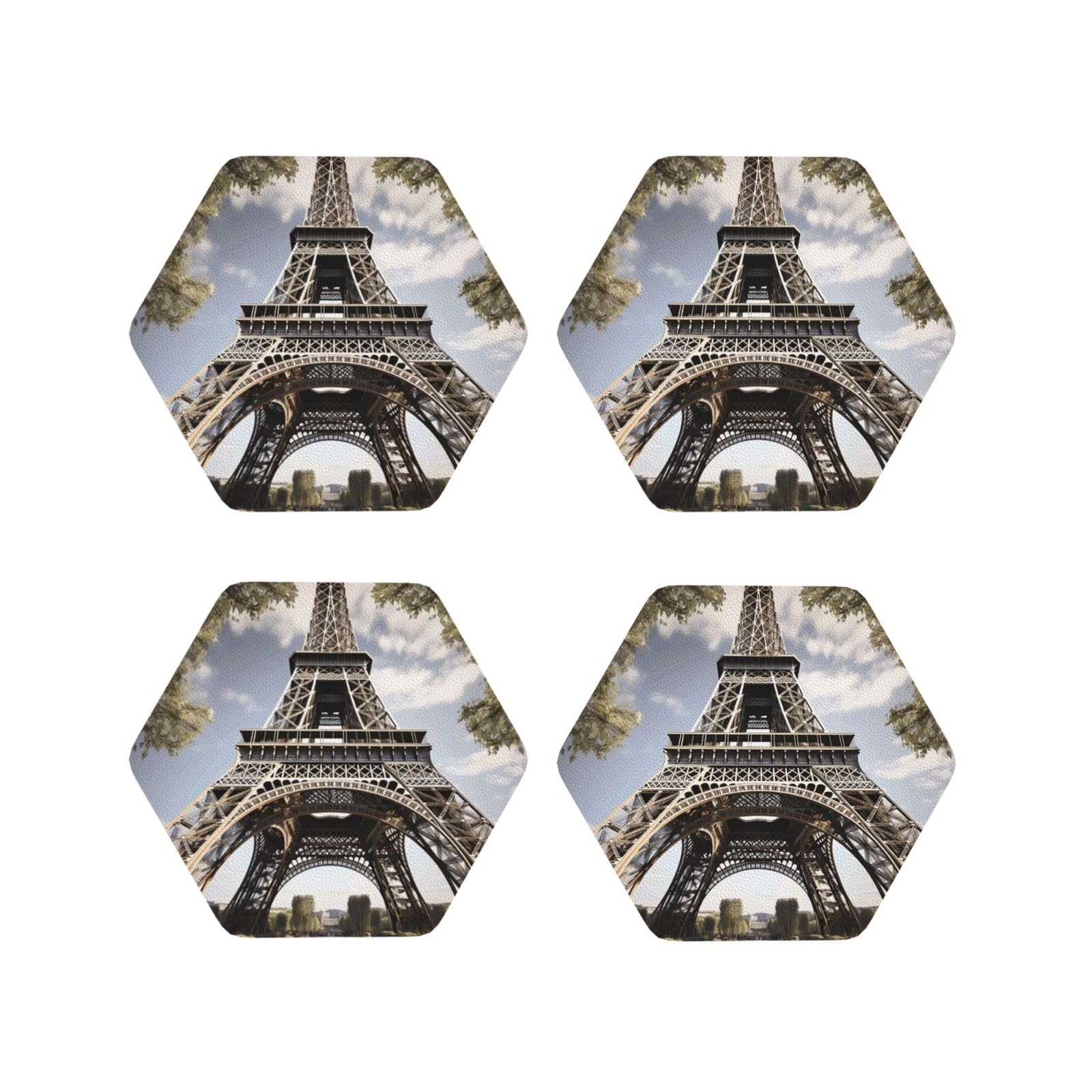 4Pcs PU Leather Coaster for Drinks, Eiffel Tower French Paris Monument Cup Coastersr 4" Cup Mat Pad, Aesthetic Drink Coasters for Coffee Table, Hexagon Coaster for Tabletop Protection