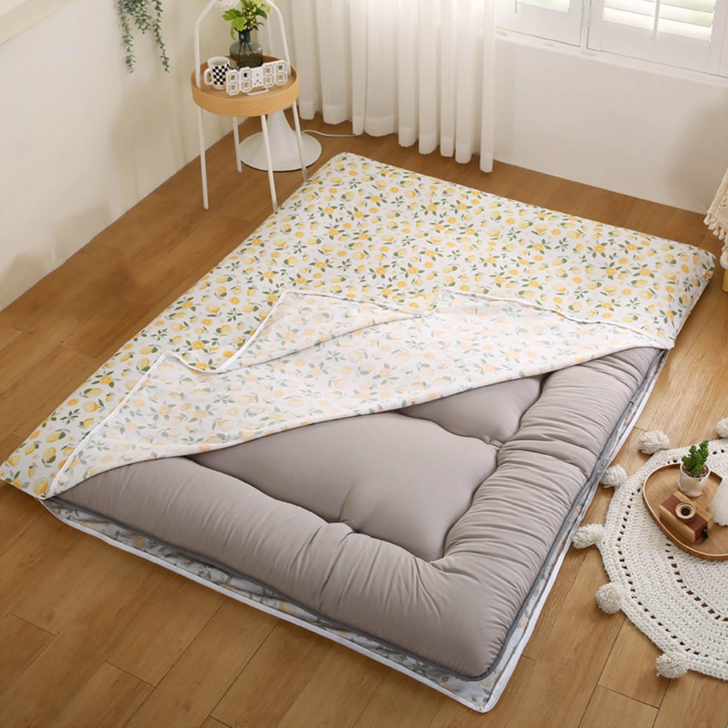 Traditional Japanese Futon Mattress 100% Cotton,Double Zipper Futon Floor Mattress Cover,Tatami Mattress Protective Cover,Machine Washable,L,90x190cm/35x75