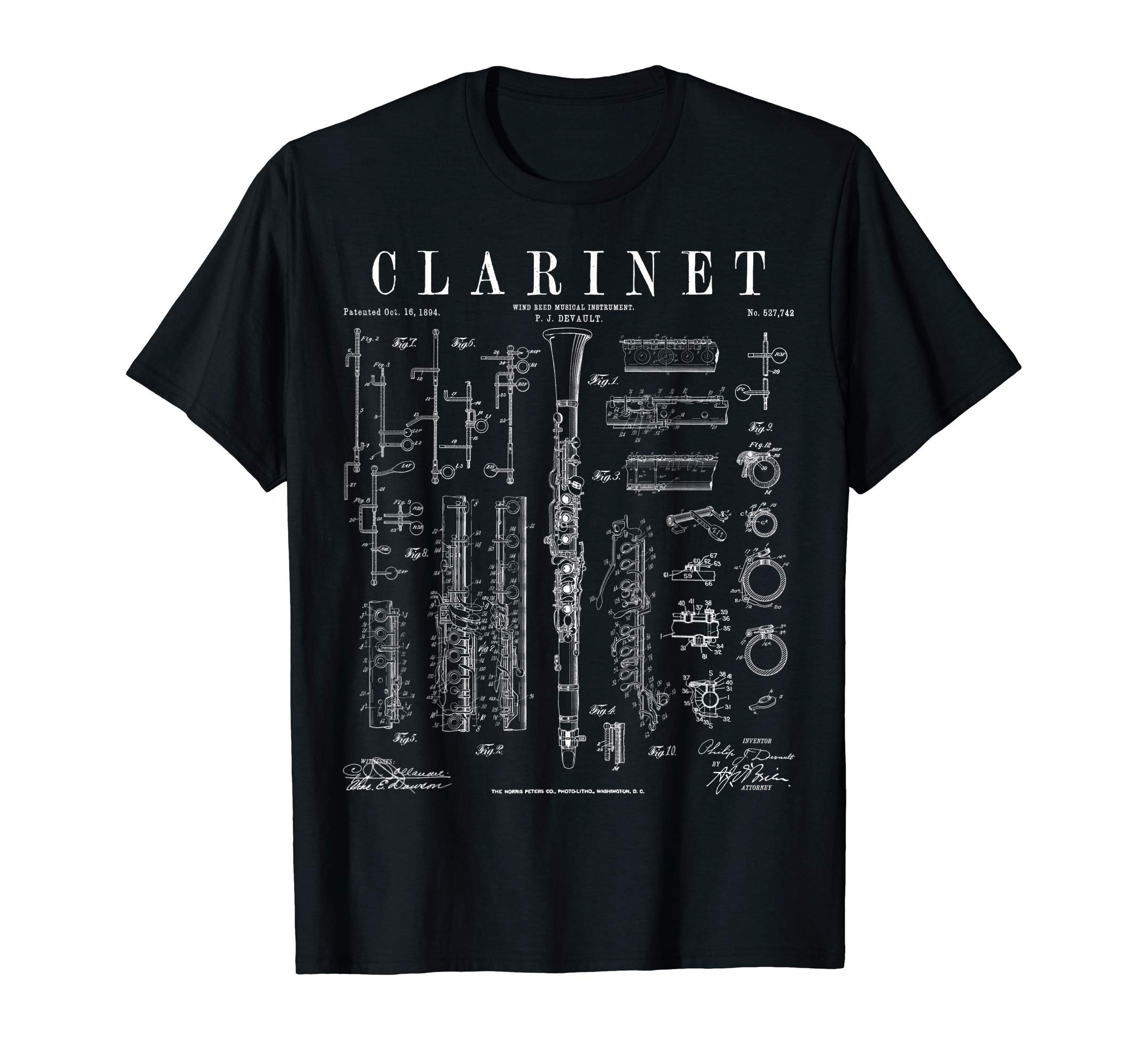 Grandio Design Vintage Patent Drawing GiftsClarinet Vintage Patent Clarinetist Drawing Print T-ShirtOEKO-TEX STANDARD 100