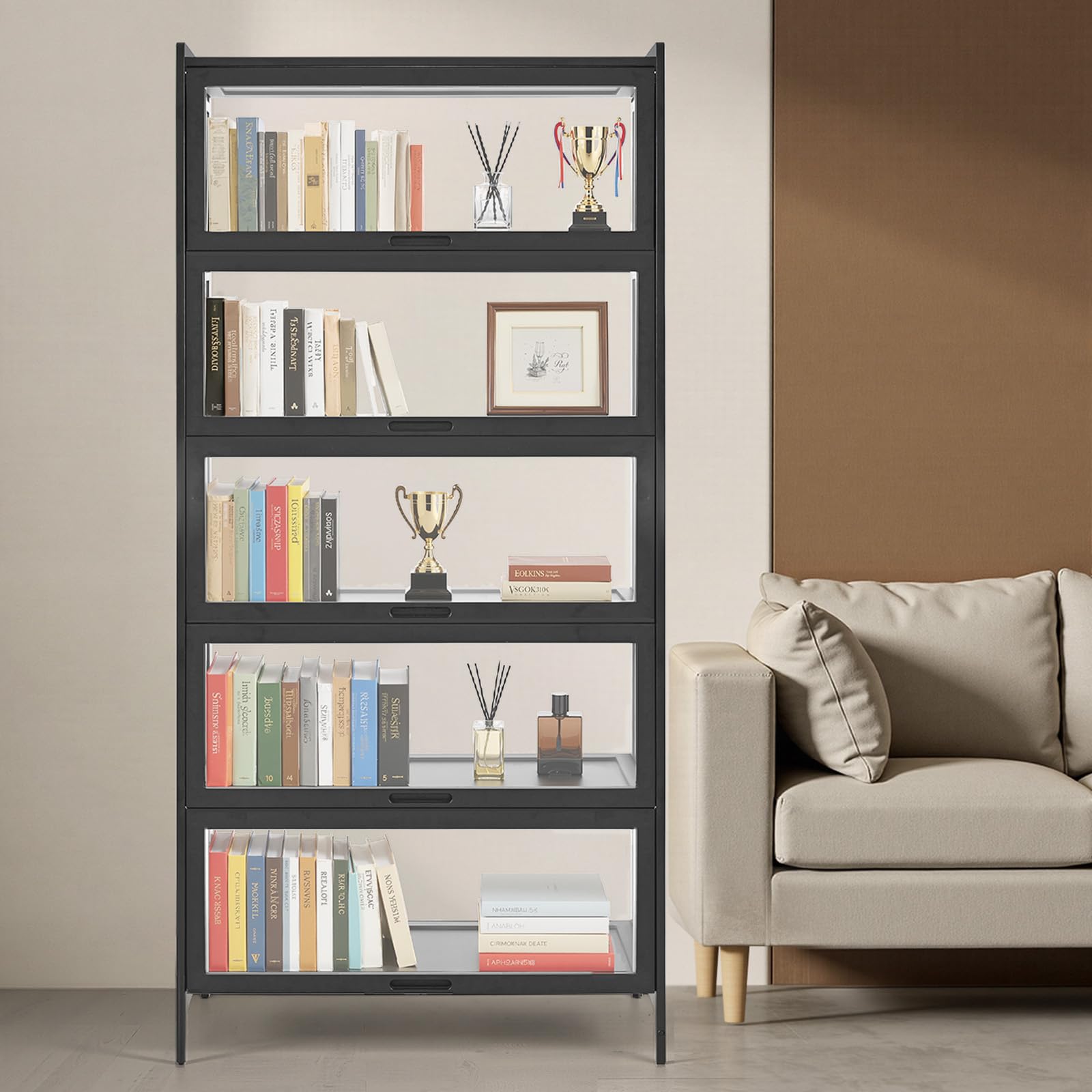 VEVOR Vetrina con Ante in Acrilico, Vetrina per Oggetti Curiosi a 5 Ripiani Alta 1720 mm, in Legno Naturale, per Giocattoli da Collezione, Libreria per Casa, Ufficio, Sala Giochi, Soggiorno