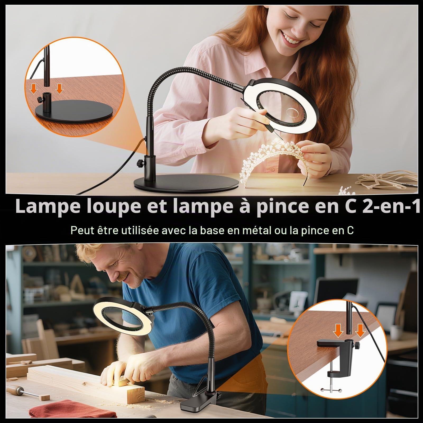 Loupe à Col de Cygne 15X 10X Lampe Loupe de Bureau LED avec Pince et Base 5 Modes de Couleurs