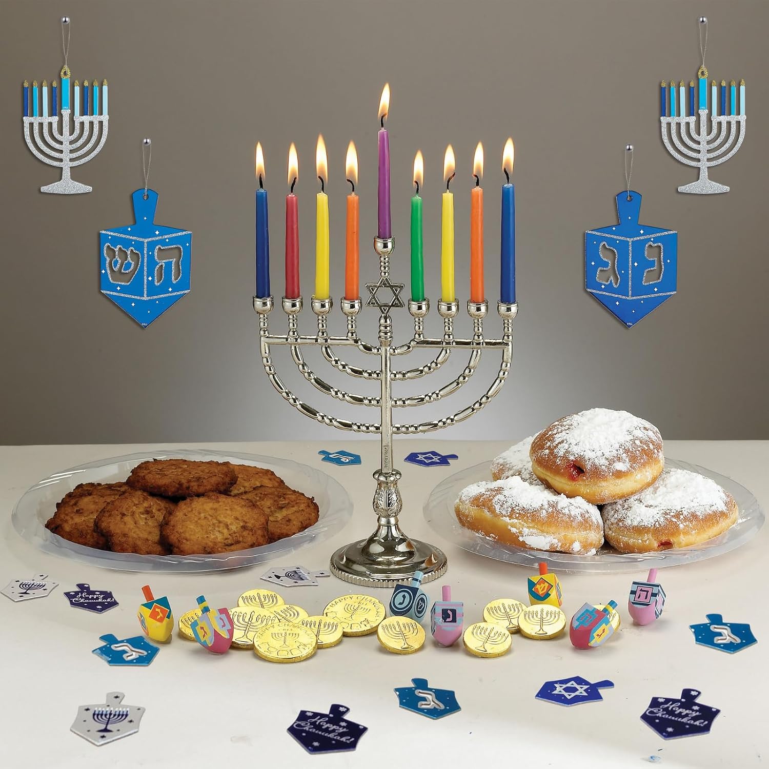 Rite Lite Hanukkah Hanging Decorations Set of 4 - Menorah & Dreidels with Foil & Glitter Jewish Holiday Party Hostess Decor Gifts Party Favors Living Room Wall Decorations Festival of Lights
