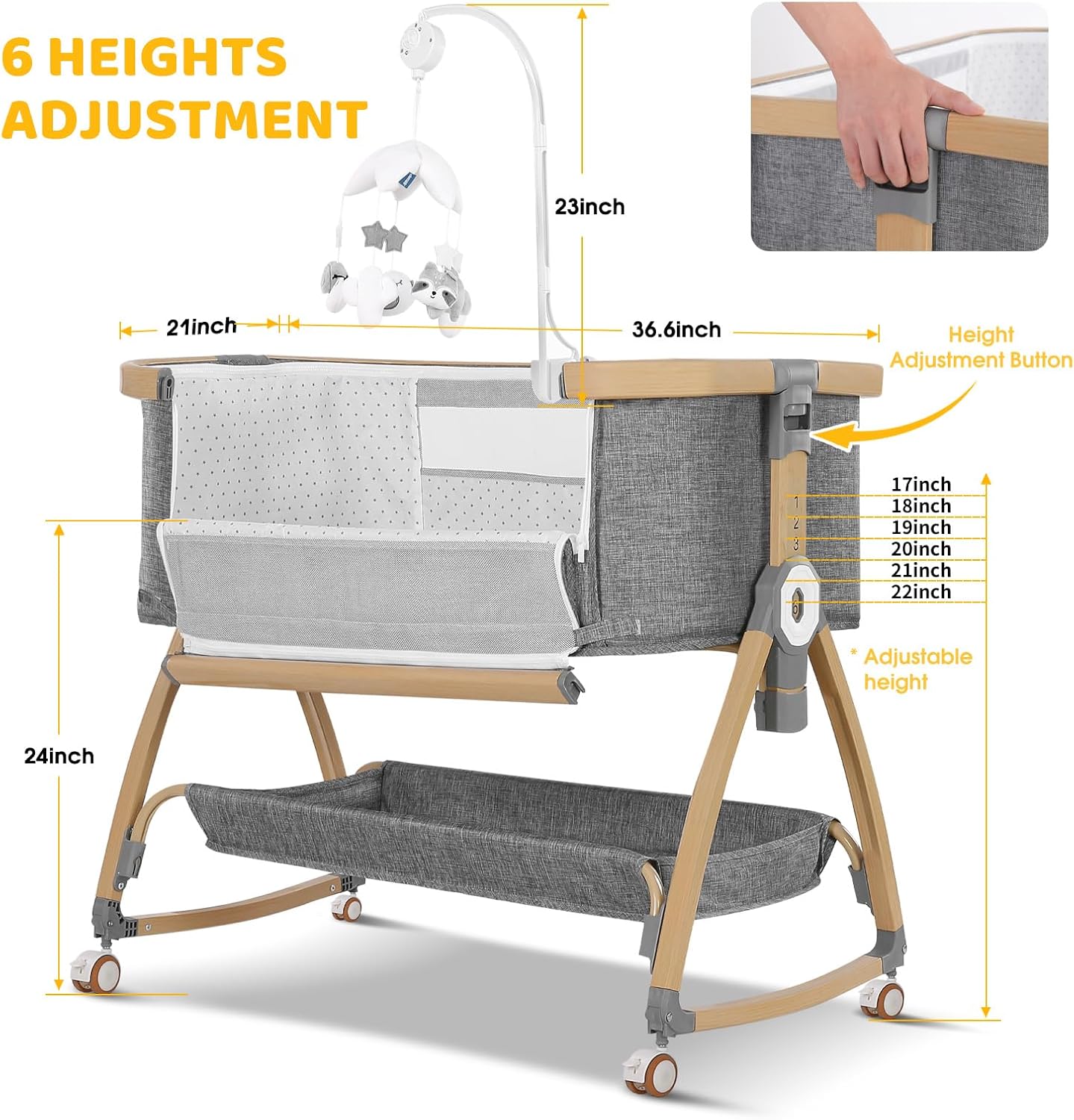 Bassinet Bedside Sleeper,Bedside Bassinet,Rocking Bassinet,Baby Bassinet,3 in 1 Portable Bedside Crib with Mattress,Mobile,Storage,Mosquito Net,6-Height Adjustable Bassinet with Wheels for Newborn