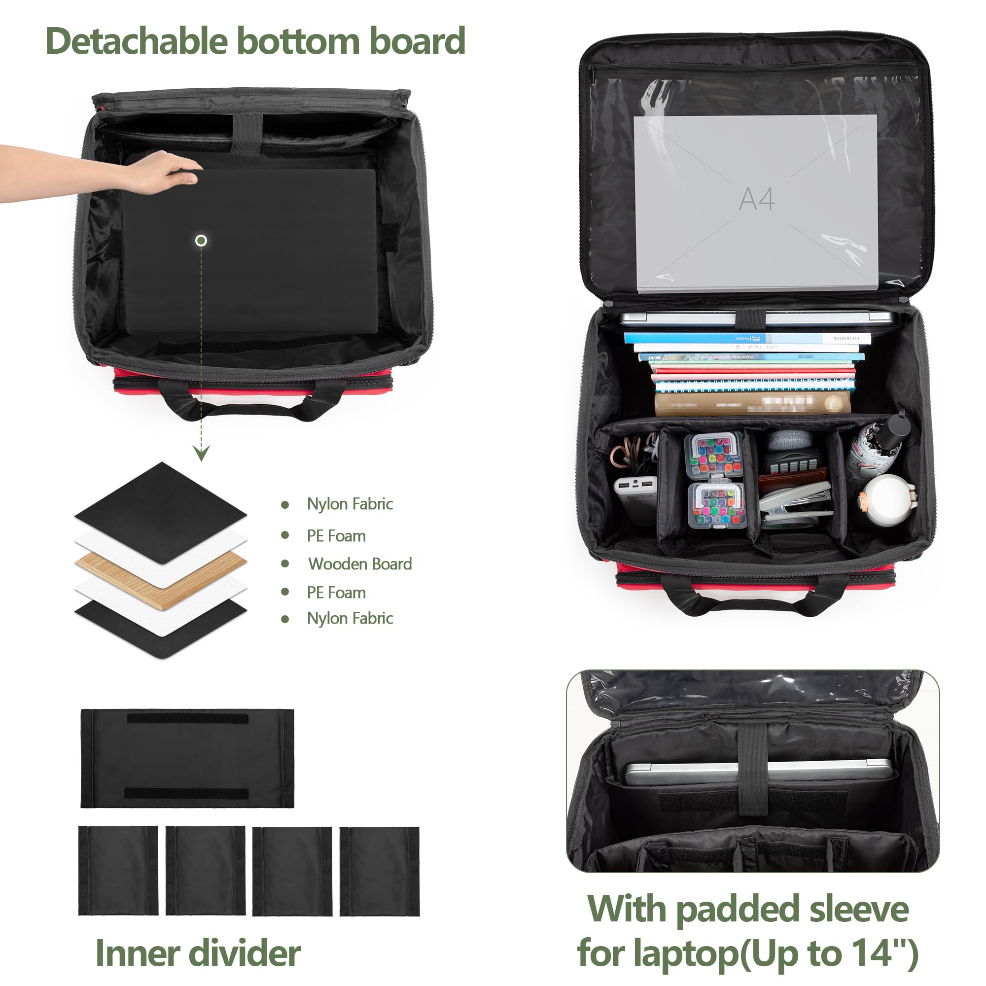 CURMIO Lehrertasche mit Rollen, Teacher Arbeitstasche Damen mit Gepolstertem Fach für bis zu 14” Laptop, Multifunktionale Schultrolley für Unterricht, Büro, Basteln (Nur Tasche), Rot