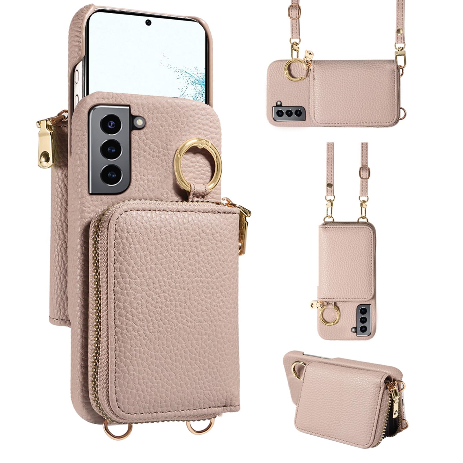 Furiet Wallet Case for Samsung Galaxy S22 5G with Shoulder Strap Ring Buckle, Luxury PU Leather Zipper Flip Organ Purse, Card Holder Stand Full Body Cell Phone Cover for S 22 22S 4G G5 6.1 inch Khaki