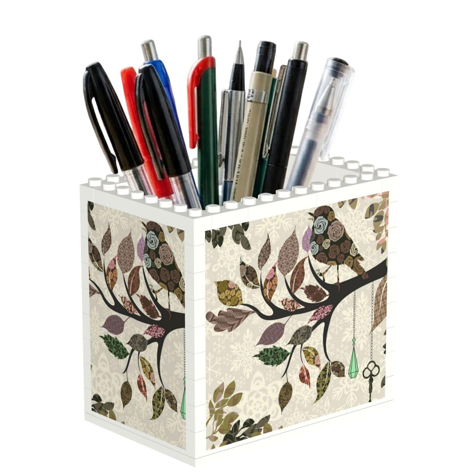 SATUSA Birds On Branches Print Building Block Texture Pen Holder - Pencil Holder For Desk Pen Organizer,Aesthetic Desk Accessories For Women(1pcs)