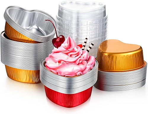 Honeydak 100 juegos de moldes para tartas en forma de corazón, mini sartén de aluminio de 3.4 onzas, lata para magdalenas con tapas, molde