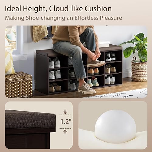 Miniatura 189 de DINZI LVJ Banco organizador de zapatos con cojín, zapatero de 9 cubos y estantes ajustables, multifuncional, para salas de estar, dormitorio, Gris