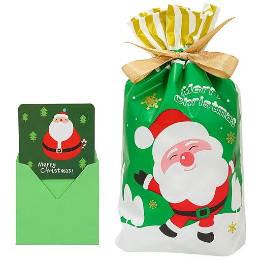 Kruckel Christmas Gift Bag with Card | Santa Claus Design Green Bag | Merry Christmas Happy New Year | Presents For Friends, Family, Decorating