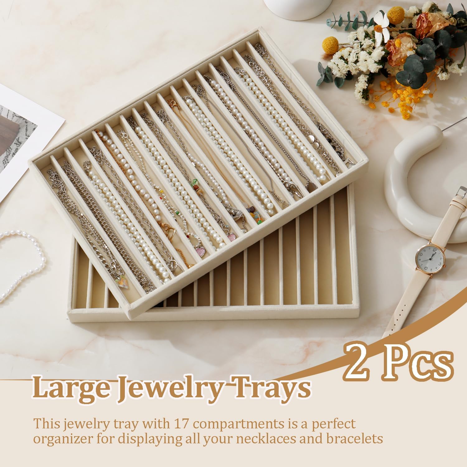 Large Velvet Jewelry Tray 2 Pack Stackable Jewelry Display Drawer Inserts Trays Organizer for Earring Bracelet Necklace Ring (Beige, 16 Grids) - Image 2