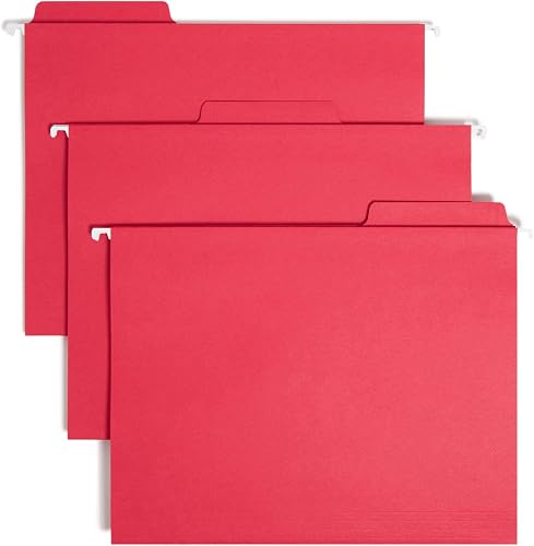 Smead FasTab Hanging File Folder, 1/3-Cut Built-in Tab, Letter Size, Red, 20 per Box (64096)