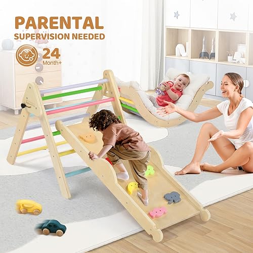 Miniatura 6 de JOYMOR Juego de triángulos Pikler 9 en 1 con cojín (grande), juego de escalada de madera Montessori para niños pequeños con patrones coloridos